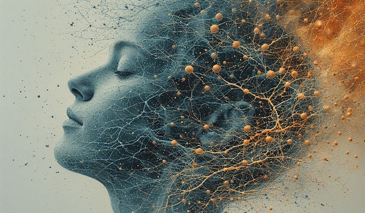 A calm conceptual illustration of immune signalling particles interacting with soft neural pathways, showing nervous and immune communication.