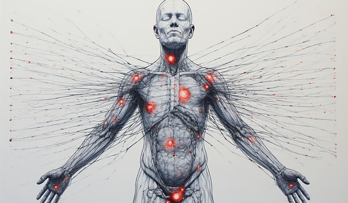 A minimalist body outline with subtle highlighted regions connected by soft lines, symbolising multi-system symptoms that can shift over time.