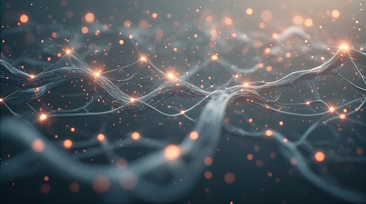 مسارات تجريدية متدفقة تلتقي في شبكة واحدة، توضح الالتهاب كمنصة إشارات مشتركة بين أنظمة الجسم.