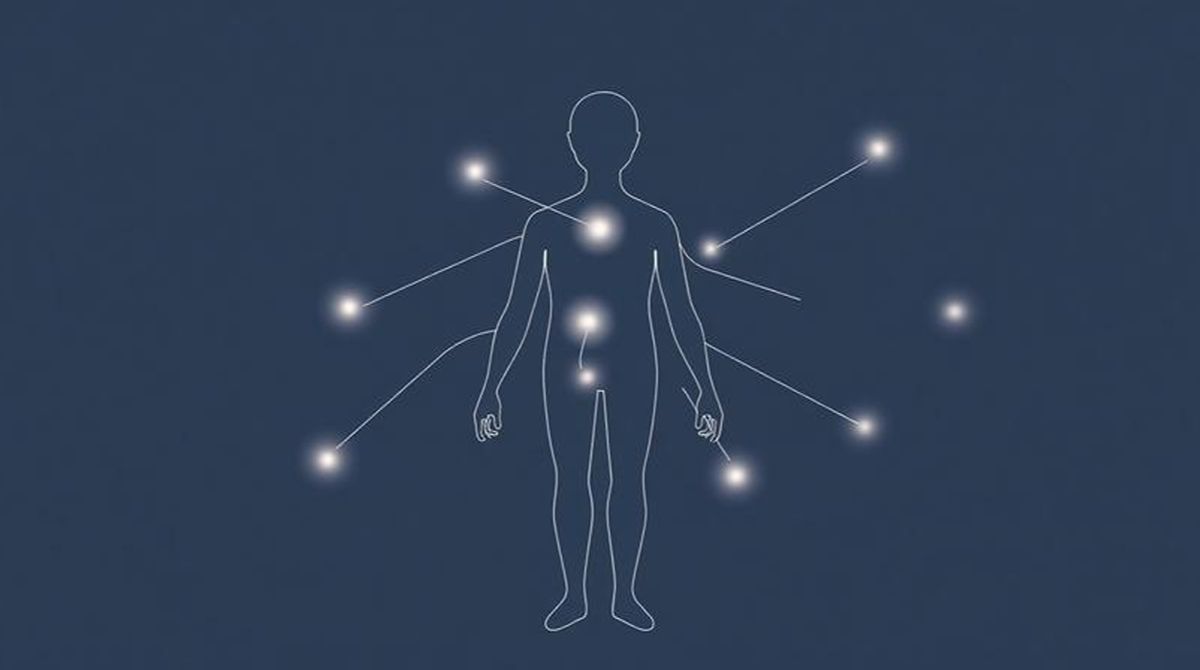 هيئة إنسانية بسيطة مع مناطق متعددة متصلة بخطوط خفيفة، توضح كيف يمكن أن تظهر الأعراض عبر أنظمة مختلفة.