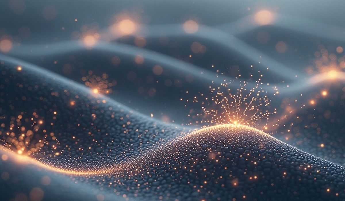 A calm abstract surface with softly glowing signals that remain active, representing persistent immune sensitisation without tissue damage.