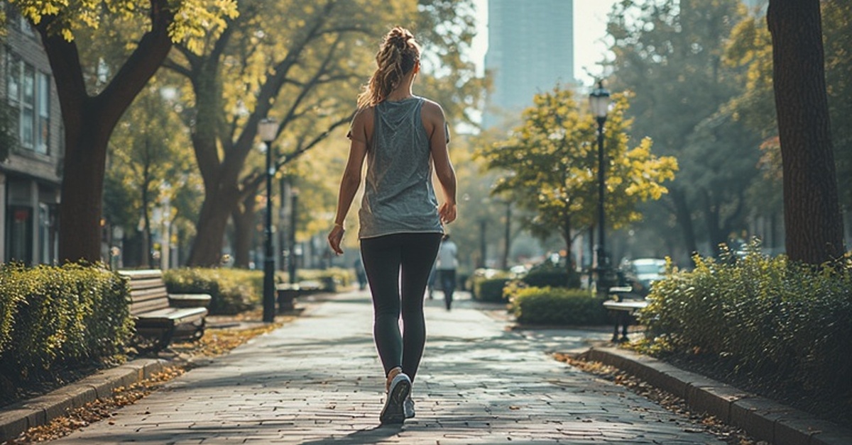 An everyday lifestyle scene showing a person walking outdoors or taking a quiet break during the day, reflecting stress-aware habits.