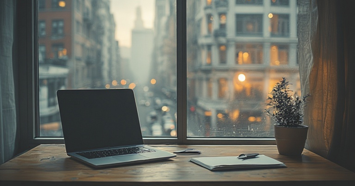 A quiet workspace near a window, suggesting mental space and pacing in modern work culture