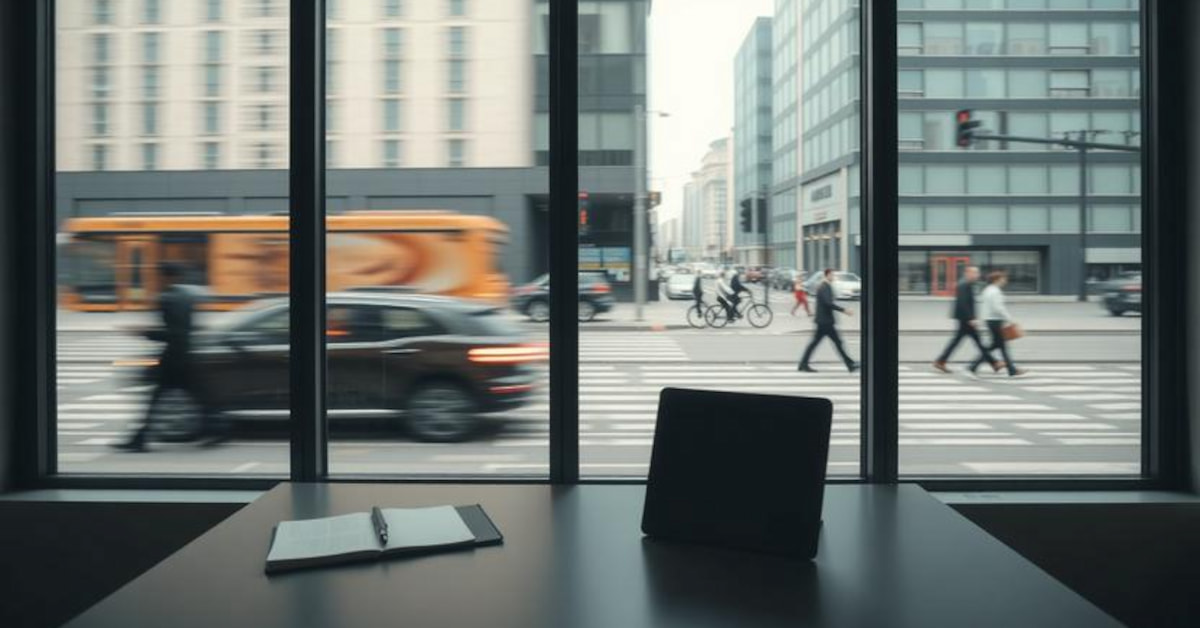 A quiet workspace contrasted with a fast-moving city outside a window, representing mental load in modern work