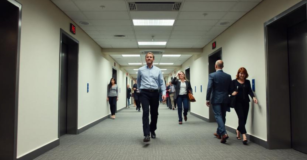 An office hallway during a workday transition, showing ordinary movement without instruction